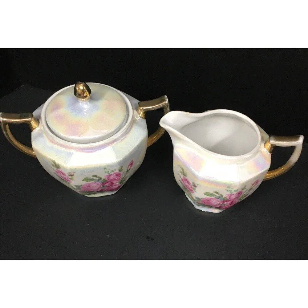 Vintage Eleanor Bavaria Hand Painted Lustreware Sugar‎ & Creamer Set